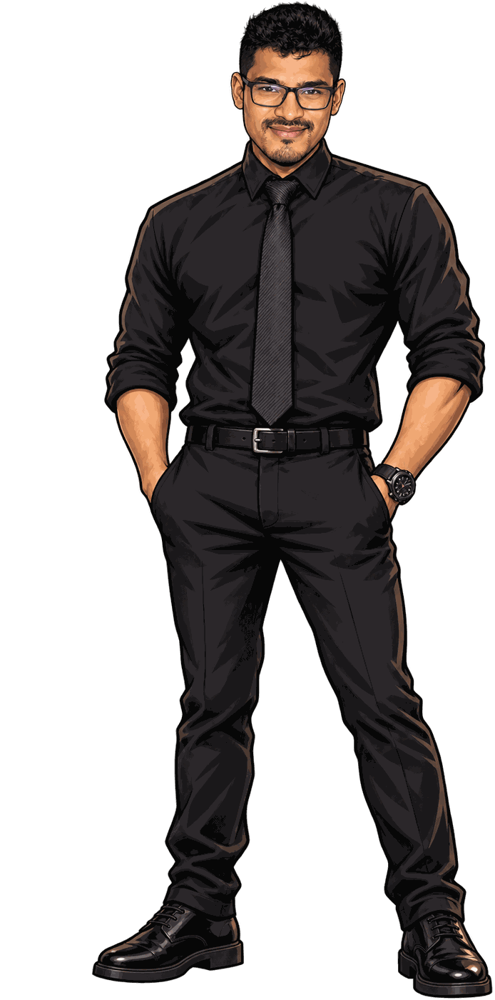 Illustration of Prajal in a black shirt, black tie and black trousers, hands in his pockets